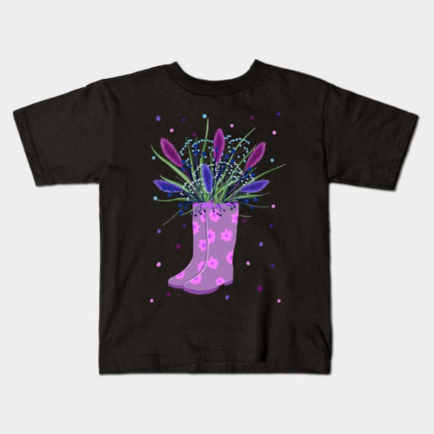 Plant lover, floral autumn garden, boots art, pink art Kids T-Shirt by BosskaDesign